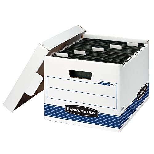BANKERS BOX HANG'N'STOR mittelschwere Aktenaufbewahrungsboxen, FastFold, abziehbarer Deckel, Buchstabe, weiß/blau, 4 Stück von BANKERS BOX