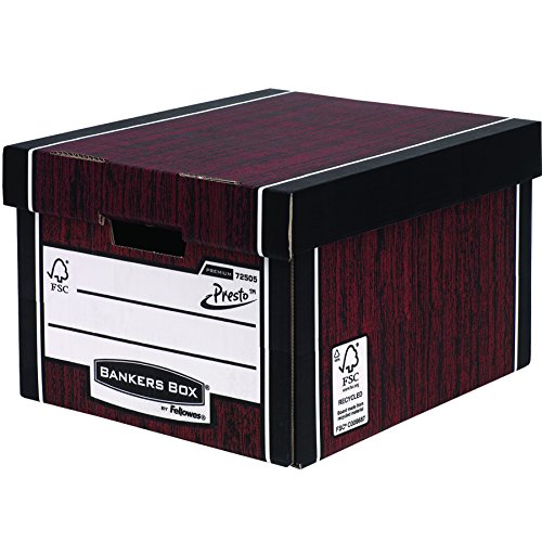 BANKERS BOX Premium Archivbox, in 1 Sekunde aufgebaut dank Presto-System, extrem stabil, aus 100% recycelter Pappe, Farbe: braun/Holzoptik, 10 Stück von Fellowes