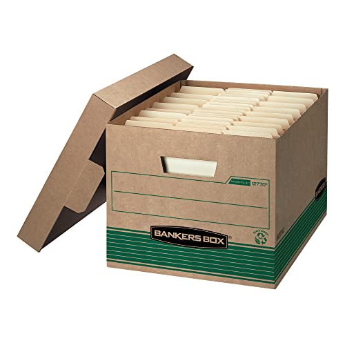 Bankers Box STOR/FILE mittelschwere Aufbewahrungsboxen, FastFold, Deckel zum Abheben, 100% recycelt, Brief/Legal, 12 Stück (12770), Kraft/Grün, Modell: 12770 von BANKERS BOX