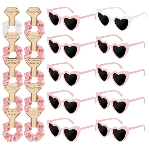 BAODBF 20 Stück Partybrille JGA,10 Bride Herz Brille + 10 Bride Haargummi,Herz Sonnenbrille,JGA Brille Team Braut für Junggesellenabschied Frauen(Rosa) von BAODBF