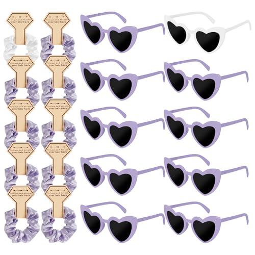 BAODBF 20 Stück Partybrille JGA,10 Bride Herz Brille + 10 Bride Haargummi,Herz Sonnenbrille,JGA Brille Team Braut für Junggesellenabschied Frauen(Violett) von BAODBF