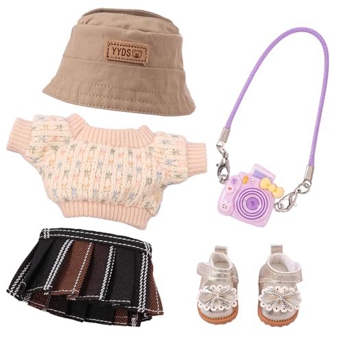 BAODBF 5 Stück Kuscheltier Kleidung Outfit,Puppen Zubehör mit Hut Clothing Rock Schuhen Kamera,Ohne Puppe,15/17cm Kleidung für Puppen Zubehör,Puppenkleidung für Jungen Mädchen Geschenke(Khaki) von BAODBF