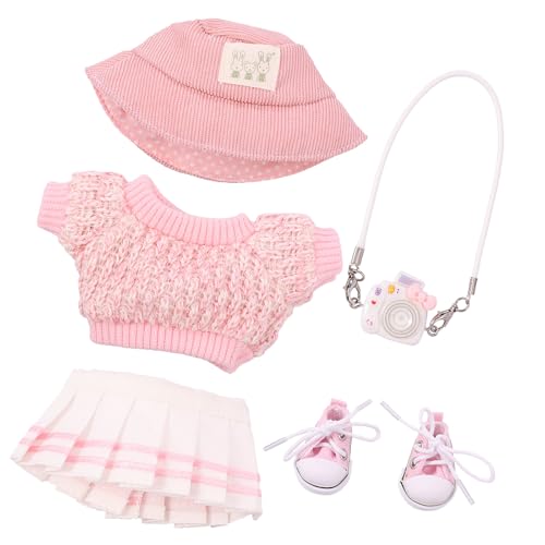 BAODBF 5 Stück Kuscheltier Kleidung Outfit,Puppen Zubehör mit Hut Clothing Rock Schuhen Kamera,Ohne Puppe,15/17cm Kleidung für Puppen Zubehör,Puppenkleidung für Jungen Mädchen Geschenke(Rosa) von BAODBF