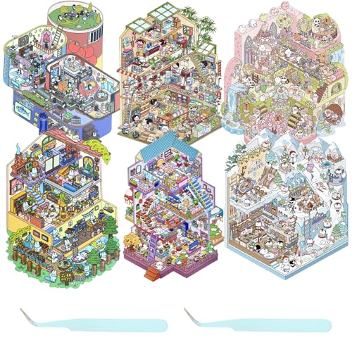 BAODBF 6 Stück Room Sticker Book,DIY 3D House Stickers mit Pinzette,Miniatur Szenen Aufkleber 3D Haus Handwerk DIY Dekoration,3D Miniatur Haus Sticker für Erwachsene und Kinder von BAODBF