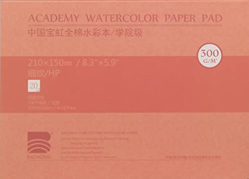 Aquarellpapierblock, BAOHONG Academy Grade Aquarellblock, 100% Baumwolle, säurefrei, 63,5 kg/300 g/m², Heißpress-Oberfläche, 20 Blatt pro Block (Heißpresse, 21,1 x 15 cm) von BAOHONG