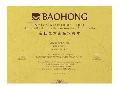 Baohong : Profi: Aquarellpapier aus reiner Baumwolle, 300 g/m², 20 Blatt, 23 x 31 cm, grob von BAOHONG