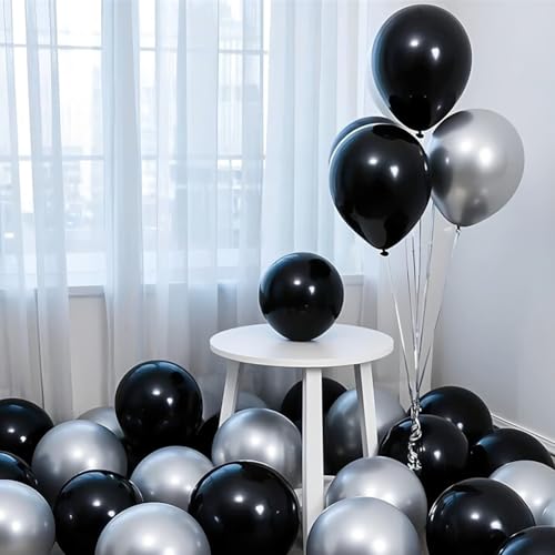 200 Stück schwarze und silberne Luftballons, 30,5 cm, Latex, schwarz, metallisch, Chrom, Silber, Ballon für Geburtstag, Hochzeit, Brautparty, Babyparty, Abschlussfeier, Party-Dekorationen 200 Stück schwarze und silberne Luftballons, 30,5 cm, Latex, schwarz, metallisch, Chrom, Silber, Ballon für Geburtstag, Hochzeit, Brautparty, Babyparty, Abschlussfeier, Party-Dekorationen von BAOKUANHU