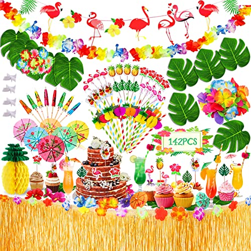 BARAKYEG 142 Stück Hawaii Party Dekoration Set,Hawaii Luau Tischröcke,Hawaii Deko,Banner,Blüten,Künstliche Palmenblätter,Hawaiian Party,Kuchendeckel und Papier Strohhalme für BBQ Tropischen Garten von BARAKYEG