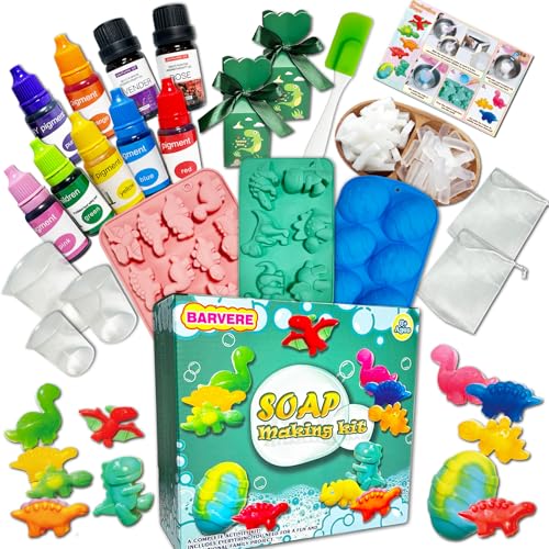 BARVERE Seife Selber Machen Kinder, 500g Seife, 14 Formen, 7 Pigment, 2 Essentielle Öle, 2 Geschenktasche, DIY-Werkzeuge, Seifen Selber Machen Set Erwachsene, Kindergeburtstag Geschenk (Dino) von BARVERE