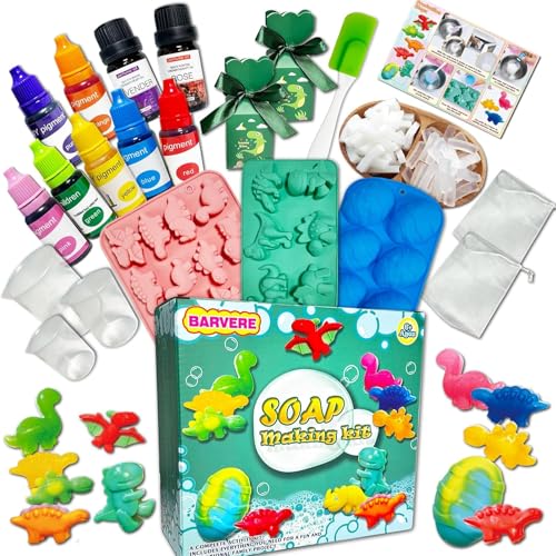 BARVERE Seife Selber Machen Kinder, 500g Seife, 14 Formen, 7 Pigment, 2 Essentielle Öle, 2 Geschenktasche, DIY-Werkzeuge, Seifen Selber Machen Set Erwachsene, Kindergeburtstag Geschenk (Dino) von BARVERE