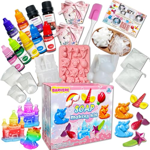 BARVERE Seife Selber Machen Kinder, 500g Seife, 16 Formen, 7 Pigment, 2 Essentielle Öle, 2 Geschenktasche, DIY-Werkzeuge, Seifen Selber Machen Set Erwachsene, Kindergeburtstag Geschenk (Einhorn) von BARVERE