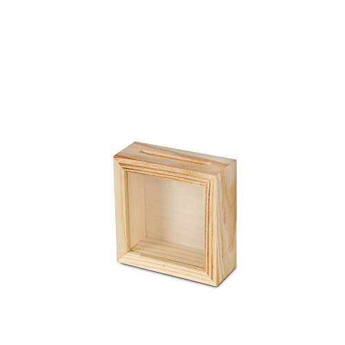BAS Spardose Holzspardose zum Basteln und Dekorieren Geldgeschenk Sparbüchse Holz-Rahmen mit Sichtfenster,Bilderrahmen zum Befüllen (Mini Quadrat), Natur, Einheitsgröße von BAS