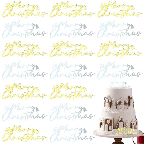 18 Stück Weihnachts-Kuchenaufsätze, Frohe Weihnachten, Schneeflocke, Cupcake-Topper, Acryl, Spiegel, graviert, Seitenschild, Kuchendekorationen für Weihnachten, Winterurlaub, Party, Dessert von BASEMMAHER