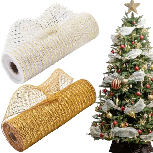 2 Rollen Weihnachts-Deko-Mesh-Band, weißgold, Poly-Mesh-Band, Rollen für Weihnachtsbaum, Kranz, Dekoration, Weihnachten, Winter, Hochzeit, Neujahr, DIY-Kranz-Dekoration von BASEMMAHER