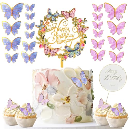 BASEMMAHER Schmetterlingskuchenaufsätze, Happy Birthday, Metall, Acryl, Happy Birthday, Schmetterling, Blume, Kuchen, Cupcake-Dekorationen für Babyparty, Hochzeit, Party, Dekorationen, 24 Stück von BASEMMAHER