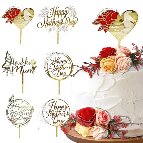 Cupcake-Topper "Happy Mother's Day" für die beste Mutter aller Zeiten, glitzernd, goldfarben, weiß, Herz, Schmetterling, Rose, Blumenmuster, Cupcake-Topper, dekorativ für Muttertag, Geburtstag, Party, von BASEMMAHER