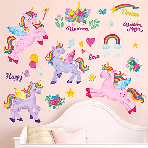 BASHOM BS-111 Bunte Einhorn-Wandaufkleber Wandtattoo Regenbogen Kinder Zitat Abziehbilder abnehmbar für Mädchen Kinderzimmer Schlafzimmer Wohnzimmer Kunst Heimdekoration Aquarell Regenbogen von BASHOM