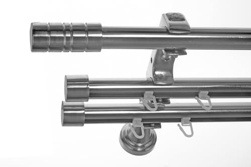 BASIT Rohr + 2x Innenlauf Gardinenstange Wandmontage 3 läufig 200cm lang Edelstahl Look Metall Gardinenstange 3 läufig Wandbefestigung Ø20mm I H60 RII von BASIT