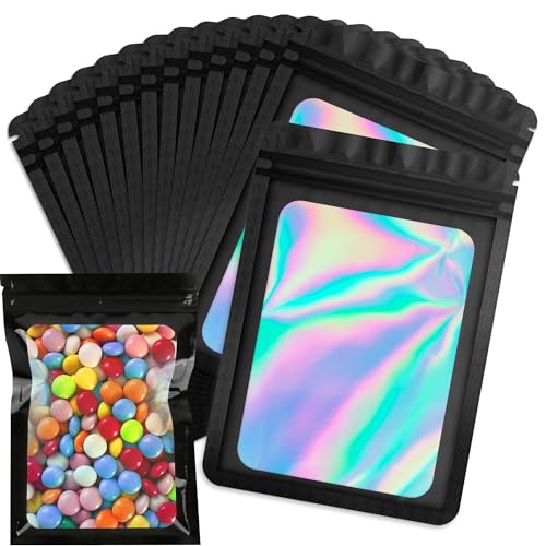100 Stück Klein Mylar Beutel 6X10 CM,Zip Beutel Geschenk,Holografische Folienbeutel Mit Transparentem Fenster - Folienbeutel Zip Baggies Für Schmuck, Süßigkeiten, Kekse, Wimpern (Schwarz) von BASOWOMEW