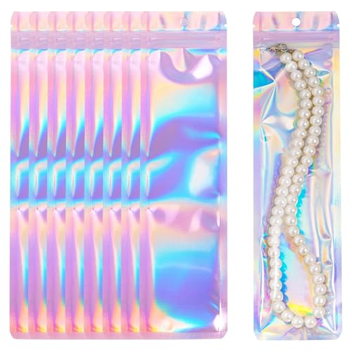 100 Stück Klein Mylar Beutel 7X22CM,Zip Beutel Geschenk,Holografische Folienbeutel Mit Transparentem Fenster - Für Schmuck, Süßigkeiten, Kekse, Wimpern (Silber) von BASOWOMEW