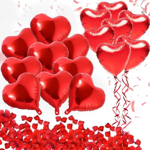 Romantisch Deko Set, 20 Pcs Herzluftballons Rot+500 Rosenblätter Rot, Herzluftballons Rot, Rosenblätter Rot, Folienballons, 13.12 Zoll Heliumballonsfür Geburtstag Hochzeit Verlobung Valentinstag Deko von BASTOUR