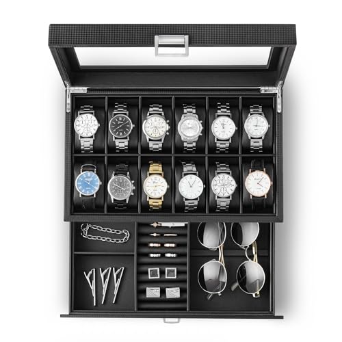 BASTUO Uhrenbox für Herren, 12 Fächer, Luxus-Uhrengehäuse-Organizer, Schmuckschatulle mit Kohlefaser-Design und Lederkissen, Schwarz von BASTUO