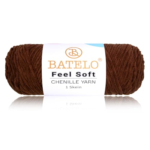 BATELO Chenille-Plüsch-Samtgarn, 4 mm, 100 g, flauschiges Garn zum Stricken und Häkeln, für Anhänger/Kleidung/Teppich (Kaffee) von BATELO