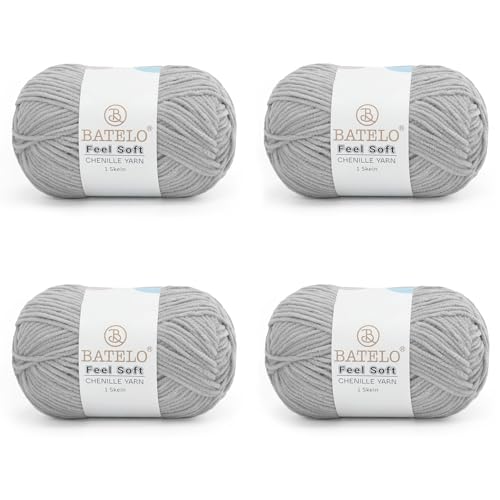 BATELO Dünnes Chenille-Garn zum Häkeln und Stricken, weiches Plüschgarn für Bastelarbeiten, Amigurumi, Heimdekoration, 3 helle Farben, 4 Packungen mit 48 g, Grau BATELO Dünnes Chenille-Garn zum Häkeln und Stricken, weiches Plüschgarn für Bastelarbeiten, Amigurumi, Heimdekoration, 3 helle Farben, 4 Packungen mit 48 g, Grau von BATELO
