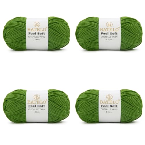 BATELO Dünnes Chenille-Garn zum Häkeln und Stricken, weiches Plüschgarn für Bastelarbeiten, Amigurumi, Heimdekoration – 3 hell – 4 Packungen mit 48 g, Avocadogrün BATELO Dünnes Chenille-Garn zum Häkeln und Stricken, weiches Plüschgarn für Bastelarbeiten, Amigurumi, Heimdekoration – 3 hell – 4 Packungen mit 48 g, Avocadogrün von BATELO