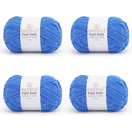 BATELO Dünnes Chenille-Garn zum Häkeln und Stricken, weiches Plüschgarn für Bastelarbeiten, Amigurumi, Heimdekoration – 3 hell – 4 Packungen mit 48 g, Blau BATELO Dünnes Chenille-Garn zum Häkeln und Stricken, weiches Plüschgarn für Bastelarbeiten, Amigurumi, Heimdekoration – 3 hell – 4 Packungen mit 48 g, Blau von BATELO