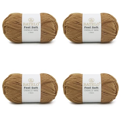 BATELO Dünnes Chenille-Garn zum Häkeln und Stricken, weiches Plüschgarn für Bastelarbeiten, Amigurumi, Heimdekoration – 3 hell – 4 Packungen mit 48 g, Braun BATELO Dünnes Chenille-Garn zum Häkeln und Stricken, weiches Plüschgarn für Bastelarbeiten, Amigurumi, Heimdekoration – 3 hell – 4 Packungen mit 48 g, Braun von BATELO