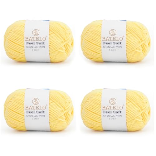 BATELO Dünnes Chenille-Garn zum Häkeln und Stricken, weiches Plüschgarn für Bastelarbeiten, Amigurumi, Heimdekoration – 3 hell – 4 Packungen mit 48 g, Gelb BATELO Dünnes Chenille-Garn zum Häkeln und Stricken, weiches Plüschgarn für Bastelarbeiten, Amigurumi, Heimdekoration – 3 hell – 4 Packungen mit 48 g, Gelb von BATELO