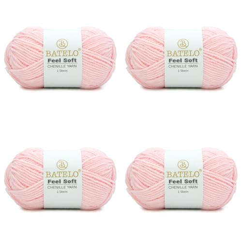 BATELO Dünnes Chenille-Garn zum Häkeln und Stricken, weiches Plüschgarn für Bastelarbeiten, Amigurumi, Heimdekoration – 3 hell – 4 Packungen mit 48 g, Hellrosa BATELO Dünnes Chenille-Garn zum Häkeln und Stricken, weiches Plüschgarn für Bastelarbeiten, Amigurumi, Heimdekoration – 3 hell – 4 Packungen mit 48 g, Hellrosa von BATELO