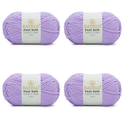 BATELO Dünnes Chenille-Garn zum Häkeln und Stricken, weiches Plüschgarn für Bastelarbeiten, Amigurumi, Heimdekoration – 3 hell – 4 Packungen mit 48 g, Hellviolett BATELO Dünnes Chenille-Garn zum Häkeln und Stricken, weiches Plüschgarn für Bastelarbeiten, Amigurumi, Heimdekoration – 3 hell – 4 Packungen mit 48 g, Hellviolett von BATELO