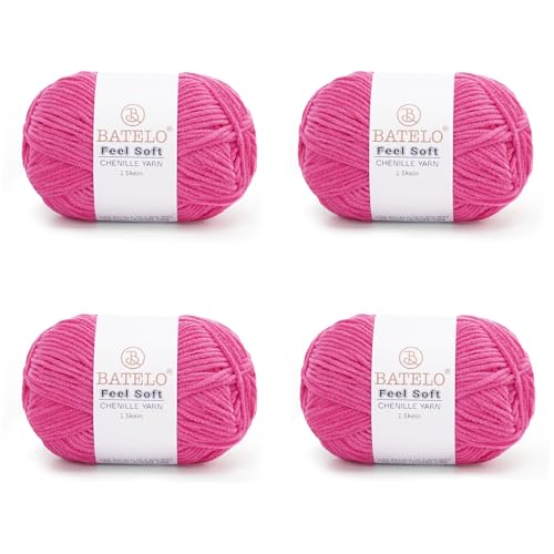 BATELO Dünnes Chenille-Garn zum Häkeln und Stricken, weiches Plüschgarn für Bastelarbeiten, Amigurumi, Heimdekoration – 3 hell – 4 Packungen mit 48 g, Hot Pink BATELO Dünnes Chenille-Garn zum Häkeln und Stricken, weiches Plüschgarn für Bastelarbeiten, Amigurumi, Heimdekoration – 3 hell – 4 Packungen mit 48 g, Hot Pink von BATELO