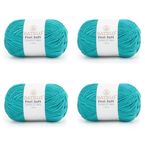 BATELO Dünnes Chenille-Garn zum Häkeln und Stricken, weiches Plüschgarn für Bastelarbeiten, Amigurumi, Heimdekoration – 3 hell – 4 Packungen mit 48 g, Pfauenblau BATELO Dünnes Chenille-Garn zum Häkeln und Stricken, weiches Plüschgarn für Bastelarbeiten, Amigurumi, Heimdekoration – 3 hell – 4 Packungen mit 48 g, Pfauenblau von BATELO
