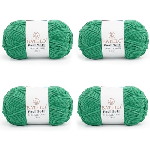 BATELO Dünnes Chenille-Garn zum Häkeln und Stricken, weiches Plüschgarn für Bastelarbeiten, Amigurumi, Heimdekoration – 3 hell – 4 Packungen mit 48 g, Pfauengrün von BATELO