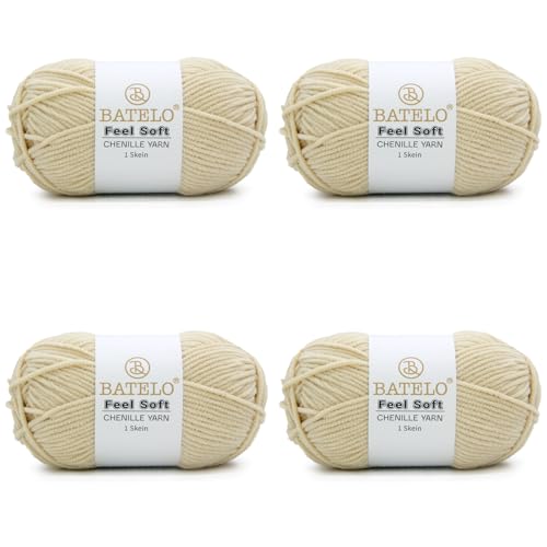 BATELO Dünnes Chenille-Garn zum Häkeln und Stricken, weiches Plüschgarn für Bastelarbeiten, Amigurumi, Heimdekoration – 3 hell – 4 Packungen mit 48 g / 140 m – Beige BATELO Dünnes Chenille-Garn zum Häkeln und Stricken, weiches Plüschgarn für Bastelarbeiten, Amigurumi, Heimdekoration – 3 hell – 4 Packungen mit 48 g / 140 m – Beige von BATELO