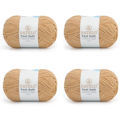 BATELO Dünnes Chenille-Garn zum Häkeln und Stricken, weiches Plüschgarn für Bastelarbeiten, Amigurumi, Heimdekoration – 3 hell – 4 Packungen mit 48 g / 140 m – Hellbraun BATELO Dünnes Chenille-Garn zum Häkeln und Stricken, weiches Plüschgarn für Bastelarbeiten, Amigurumi, Heimdekoration – 3 hell – 4 Packungen mit 48 g / 140 m – Hellbraun von BATELO