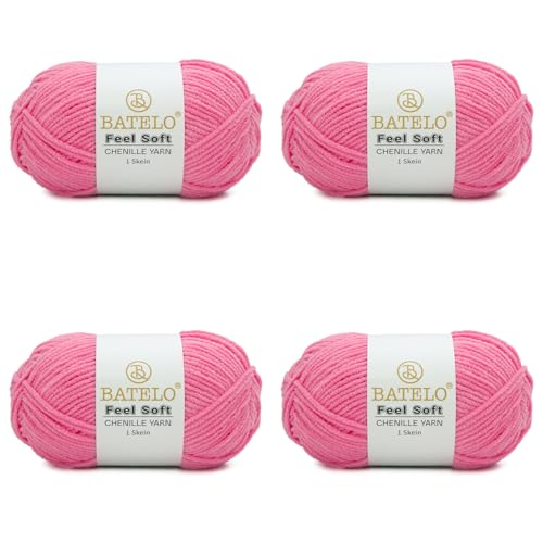 BATELO Dünnes Chenille-Garn zum Häkeln und Stricken, weiches Plüschgarn für Bastelarbeiten, Amigurumi, Heimdekoration – 3 hell – 4 Packungen mit 48 g / 140 m – Rosa BATELO Dünnes Chenille-Garn zum Häkeln und Stricken, weiches Plüschgarn für Bastelarbeiten, Amigurumi, Heimdekoration – 3 hell – 4 Packungen mit 48 g / 140 m – Rosa von BATELO