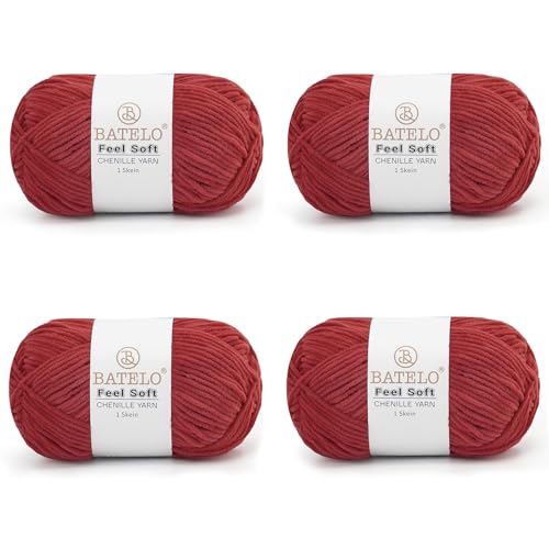 BATELO Dünnes Chenille-Garn zum Häkeln und Stricken, weiches Plüschgarn für Bastelarbeiten, Amigurumi, Heimdekoration – 3 hell – 4 Packungen mit 48 g / 140 m – Rosenrot BATELO Dünnes Chenille-Garn zum Häkeln und Stricken, weiches Plüschgarn für Bastelarbeiten, Amigurumi, Heimdekoration – 3 hell – 4 Packungen mit 48 g / 140 m – Rosenrot von BATELO