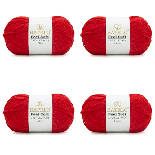 BATELO Dünnes Chenille-Garn zum Häkeln und Stricken, weiches Plüschgarn für Bastelarbeiten, Amigurumi, Heimdekoration – 3 hell – 4 Packungen mit 48 g / 140 m – Rot BATELO Dünnes Chenille-Garn zum Häkeln und Stricken, weiches Plüschgarn für Bastelarbeiten, Amigurumi, Heimdekoration – 3 hell – 4 Packungen mit 48 g / 140 m – Rot von BATELO