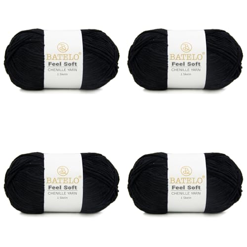 BATELO Dünnes Chenille-Garn zum Häkeln und Stricken, weiches Plüschgarn für Bastelarbeiten, Amigurumi, Heimdekoration – 3 hell – 4 Packungen mit 48 g / 140 m – Schwarz BATELO Dünnes Chenille-Garn zum Häkeln und Stricken, weiches Plüschgarn für Bastelarbeiten, Amigurumi, Heimdekoration – 3 hell – 4 Packungen mit 48 g / 140 m – Schwarz von BATELO