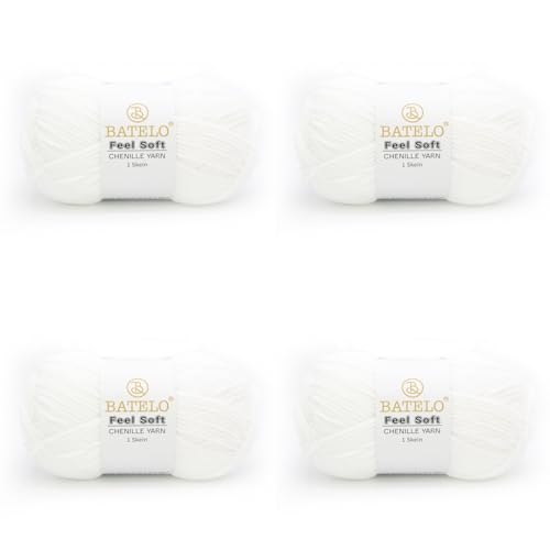 BATELO Dünnes Chenille-Garn zum Häkeln und Stricken, weiches Plüschgarn für Bastelarbeiten, Amigurumi, Heimdekoration – 3 hell – 4 Packungen mit 48 g / 140 m – Weiß BATELO Dünnes Chenille-Garn zum Häkeln und Stricken, weiches Plüschgarn für Bastelarbeiten, Amigurumi, Heimdekoration – 3 hell – 4 Packungen mit 48 g / 140 m – Weiß von BATELO