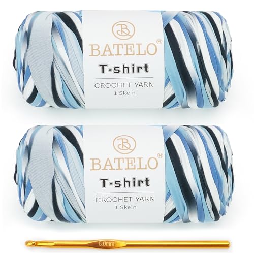 BATELO T-Shirt-Garn für Anfänger, Häkeltaschen/Korb/Untersetzer, 400 g, hochelastisches, dickes Polyestergewebe (weiß und blau), 2 Stück von BATELO