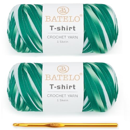 BATELO T-Shirt-Garn für Anfänger, Häkeltaschen/Korb/Untersetzer, 400 g, hochelastisches, dickes Polyestergewebe (weiß und grün), 2 Stück von BATELO