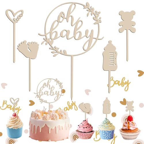 BATHRINS Oh Baby Cake Topper Holz 5 Stück mit Babyparty Konfetti, Oh Baby Tortendeko, BabyShower Deko, Gender Reveal Partydeko für Mädchen Junge BATHRINS Oh Baby Cake Topper Holz 5 Stück mit Babyparty Konfetti, Oh Baby Tortendeko, BabyShower Deko, Gender Reveal Partydeko für Mädchen Junge von BATHRINS