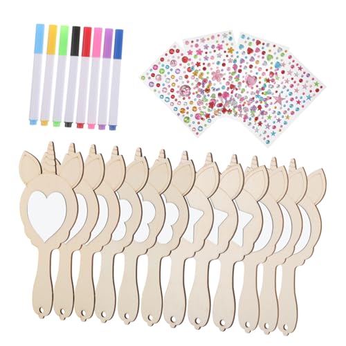 BATHVEVE 1Satz Handgefertigter Holzspiegel für DIY Einhorn Malerei Einhornspiegel mit Bunten Kristallen und Stiften Dekorativer Handspiegel zum Basteln und Gestalten von BATHVEVE