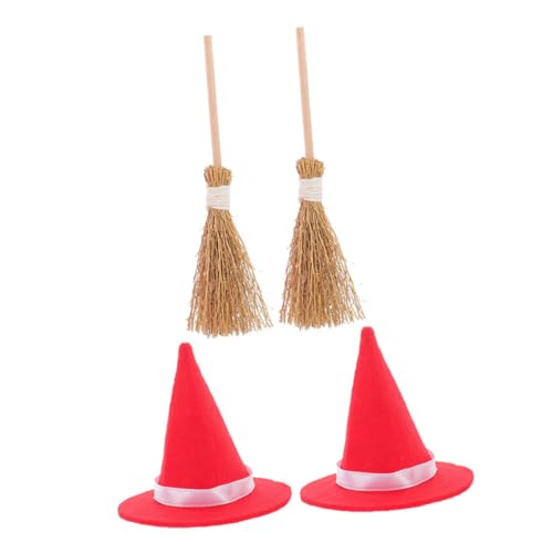 BATHVEVE 2 Sätze Halloween Mini Hexenhüte und Besen Set Teiliges Dekorationsset für Puppenhäuser Leuchtende Farben Handgefertigt aus Sicheren Materialien für Kreative Miniatur Layouts von BATHVEVE