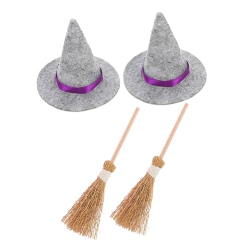 BATHVEVE 2 Sätze Miniatur Hexenhüte und Besen Set Teiliges Halloween Deko Set mit Grauen Hexenhüten und Kleinen Besen für Puppenhäuser und Miniatur Dekoration von BATHVEVE